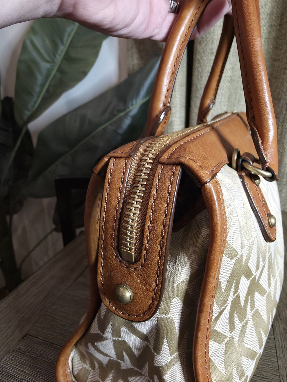 Michael Kors Beige Signature Logo Satchel with Brown Leather Trim - Picture 4 of 13